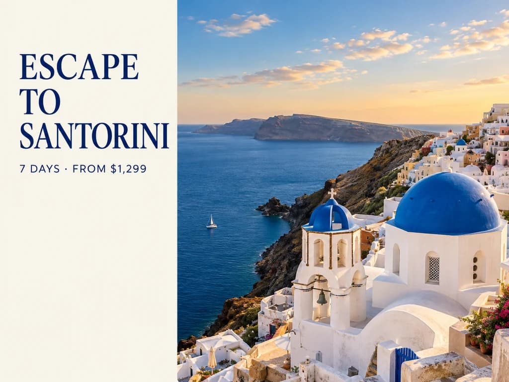 Santorini travel poster with a navy headline and price on an ivory left panel, beside a blue-domed church and the Aegean Sea