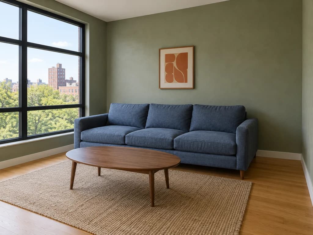 Original modern living room with a sofa, coffee table, and windows before multi-turn editing