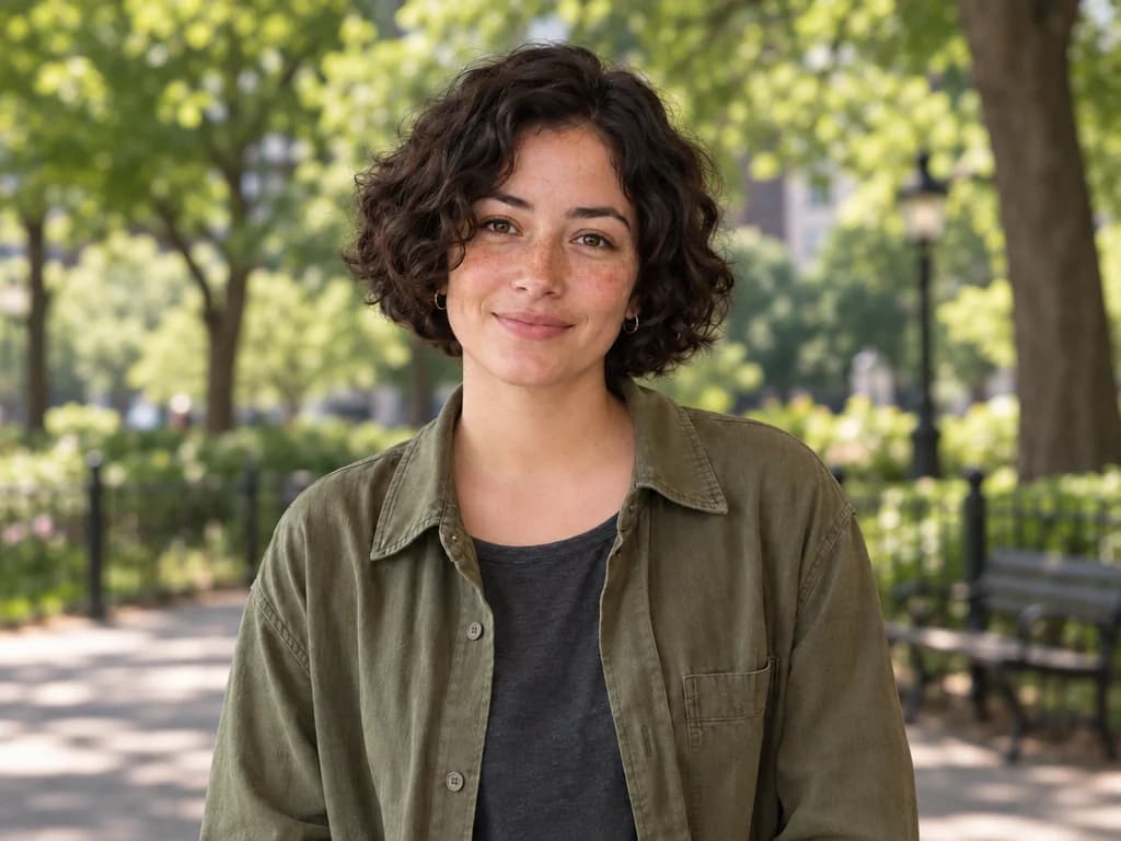 The same woman with an outdoor background, preserving her appearance, pose, and camera angle
