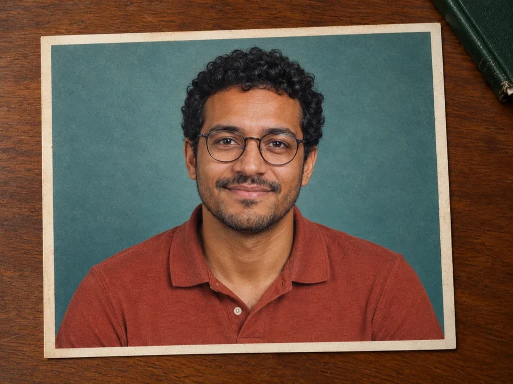 A printed portrait of a man in round glasses and a rust-red polo on a walnut desk