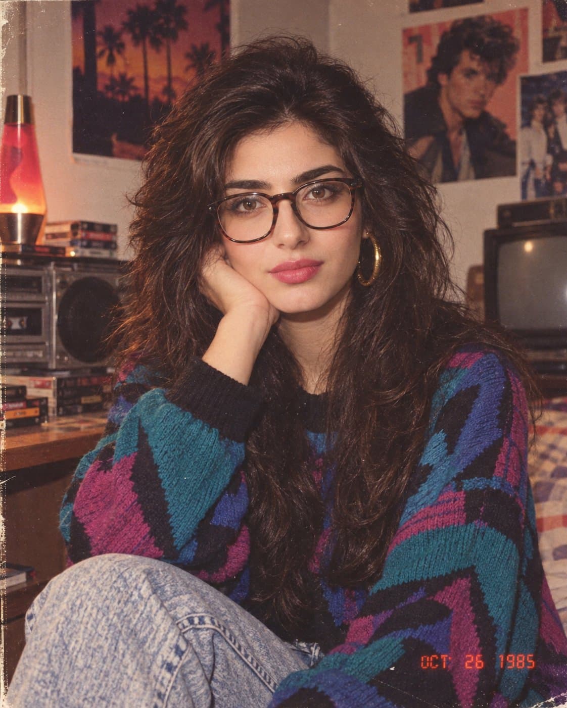 Retro portrait of a woman in glasses and a colorful sweater, surrounded by music posters and analog-era objects.