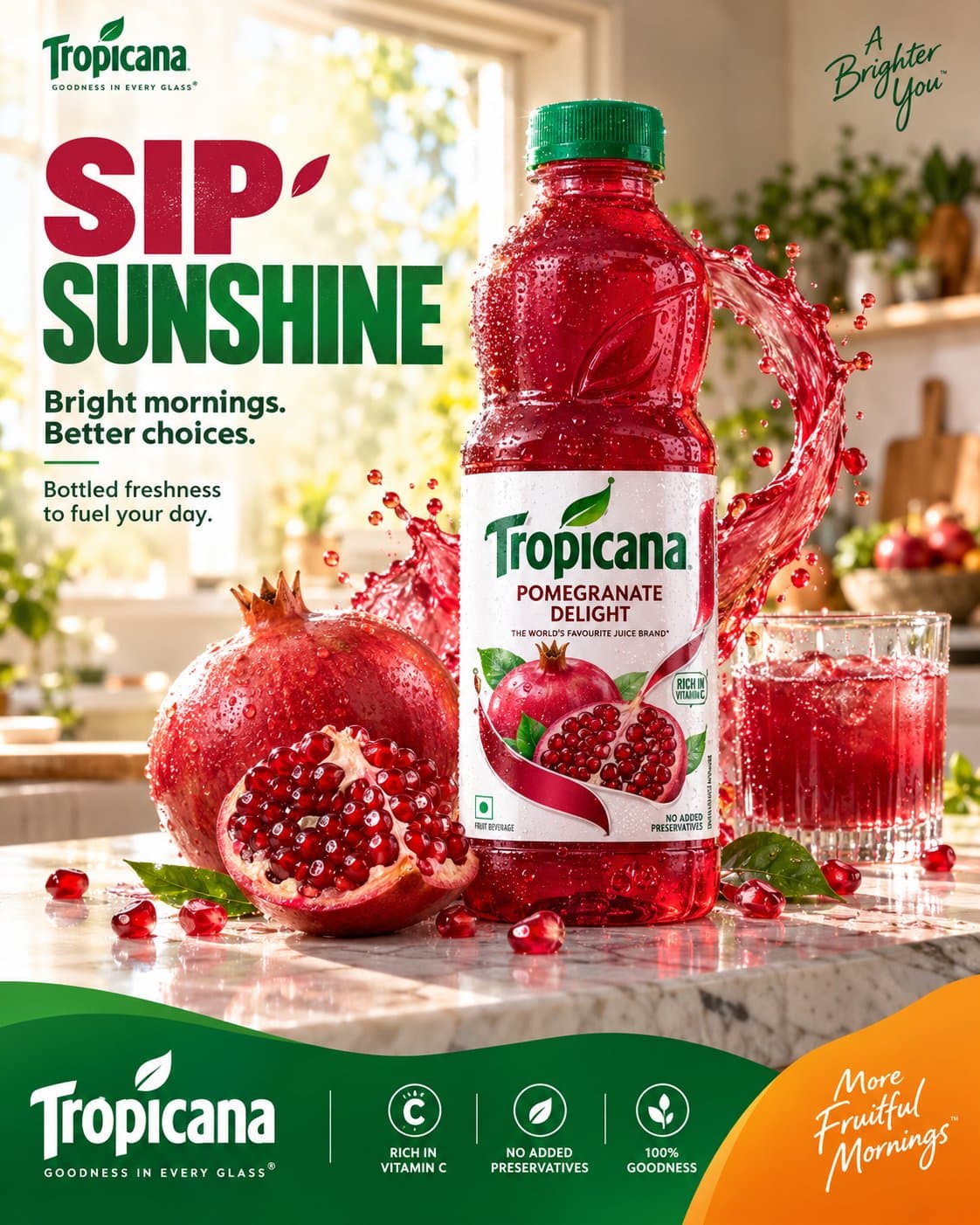 Tropicana pomegranate juice poster with a bottle, fresh fruit, juice splashes and large green headline.