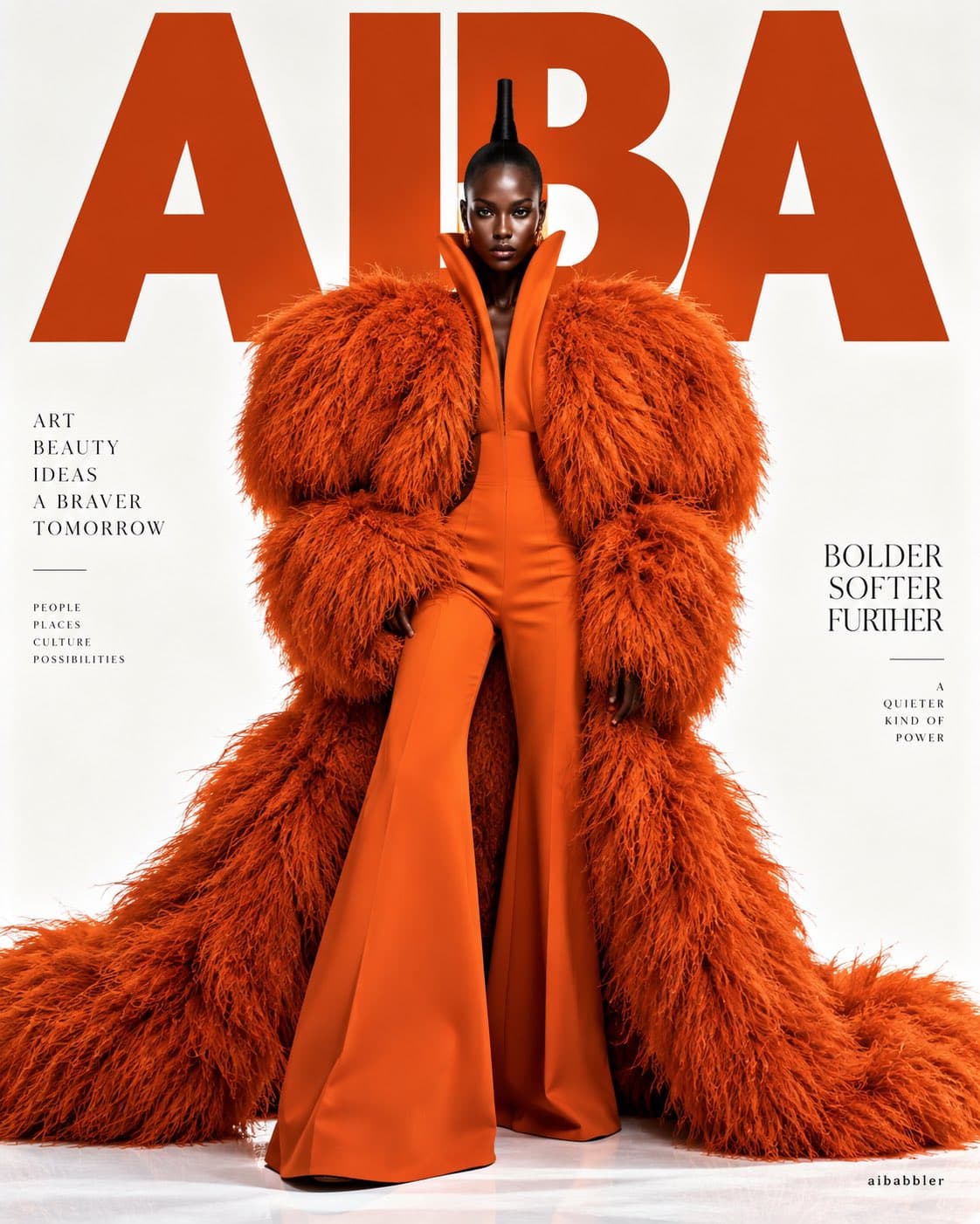 Fashion magazine cover with AIBA typography and a model wearing a sculptural orange outfit.