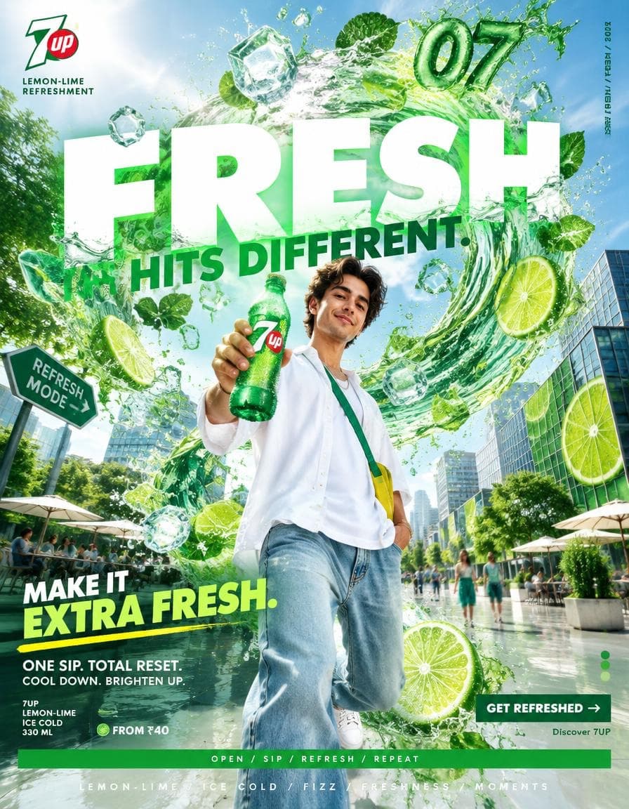 Green 7UP campaign poster with a soda bottle, giant ice-filled glass, lime slices and bold white typography.