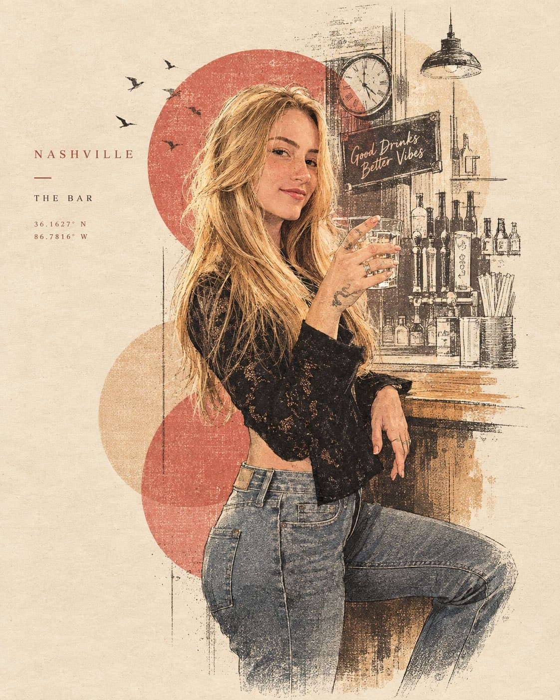 Vintage editorial illustration of a woman at a bar, with fine ink lines and muted red geometric shapes.