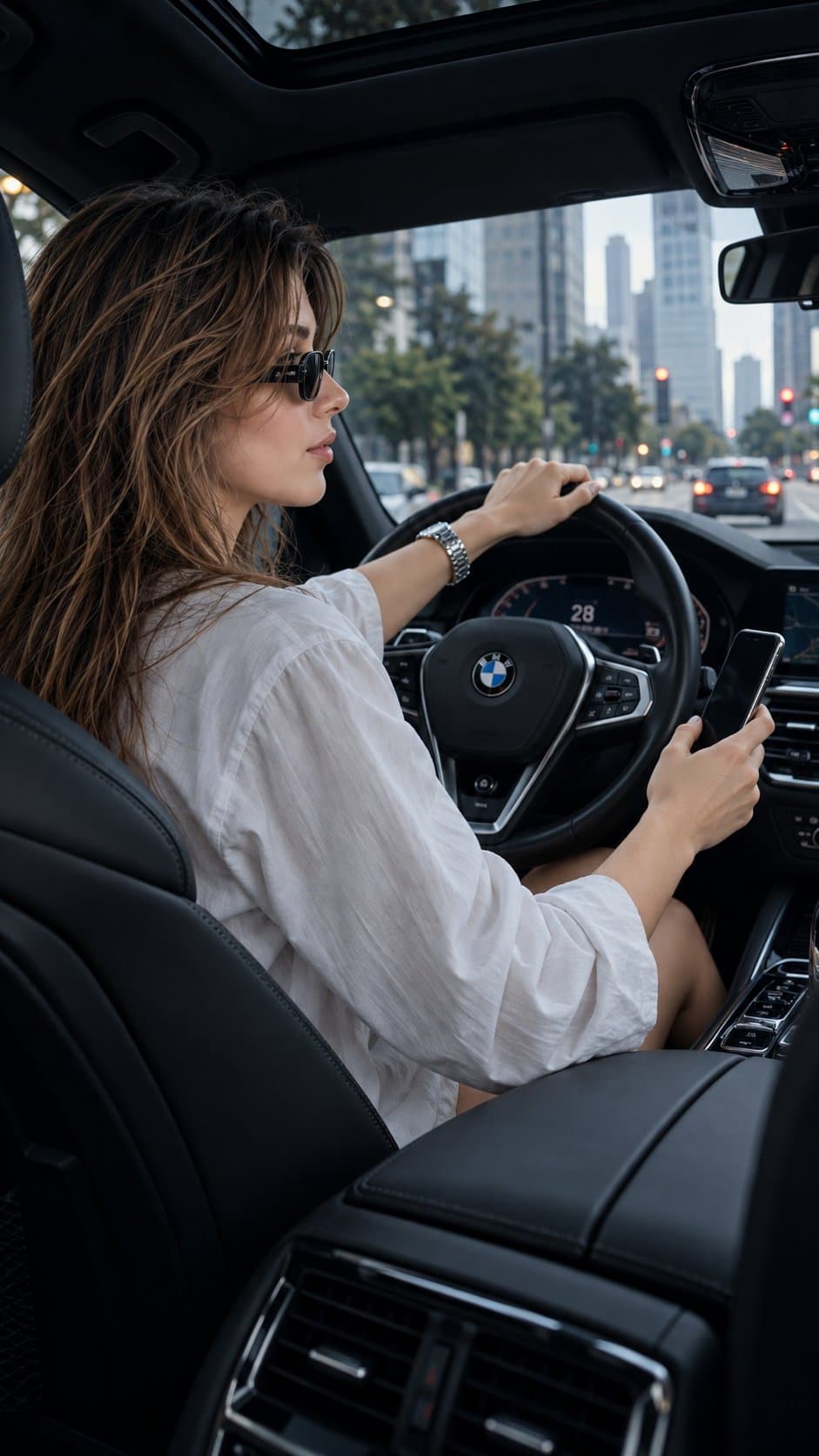 A woman in a white shirt and sunglasses inside a dark BMW, photographed from the rear passenger seat.