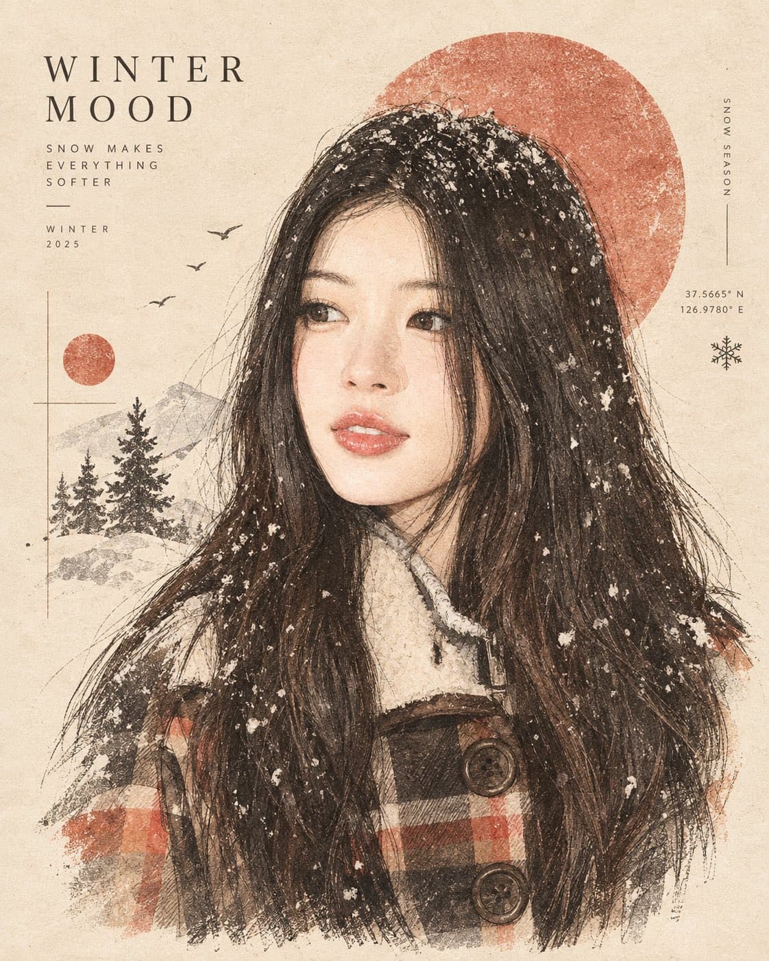 A winter portrait reimagined as an ink-and-paper editorial illustration with snowy hair, a plaid coat and red circle.