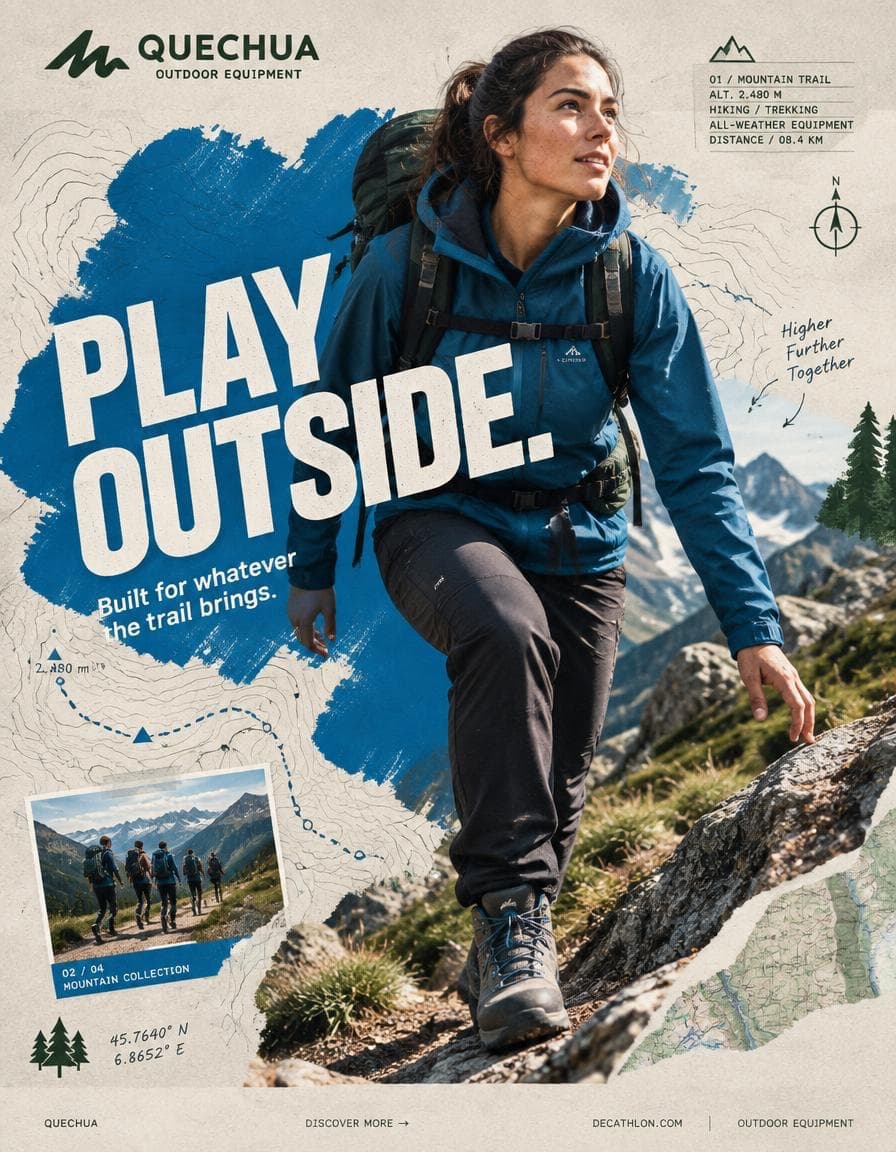 Quechua hiking campaign with an outdoor explorer, blue brushwork, mountain photography and layered map graphics.