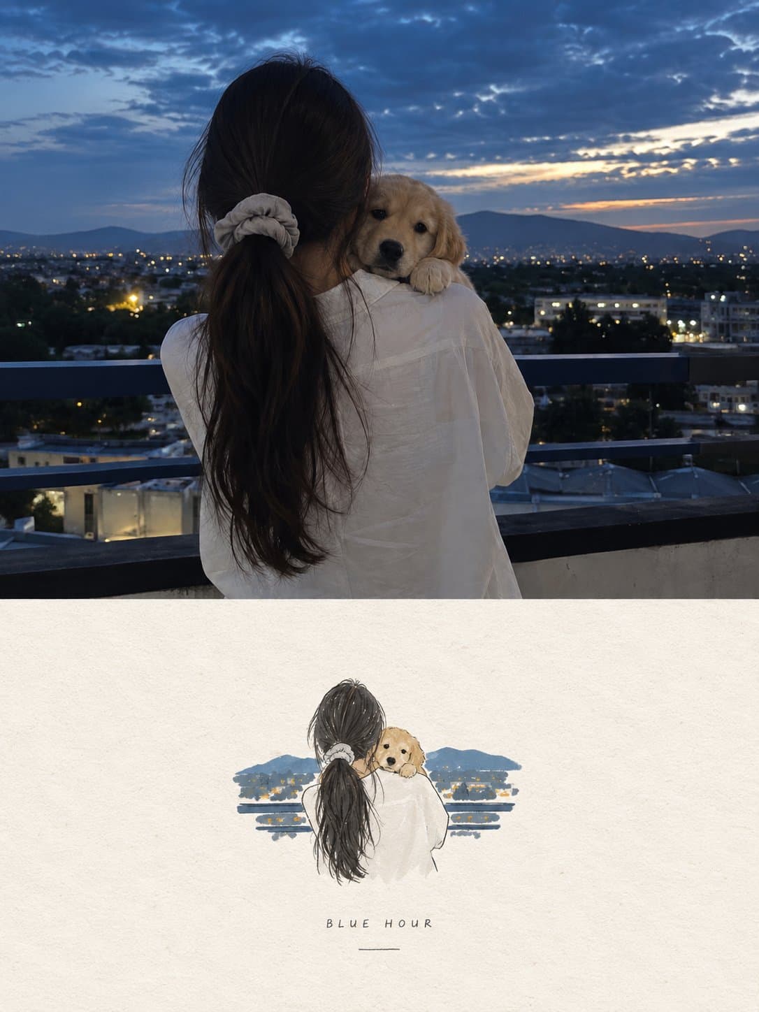 A woman holding a small dog at dusk appears above a tiny handmade illustration on warm white paper.