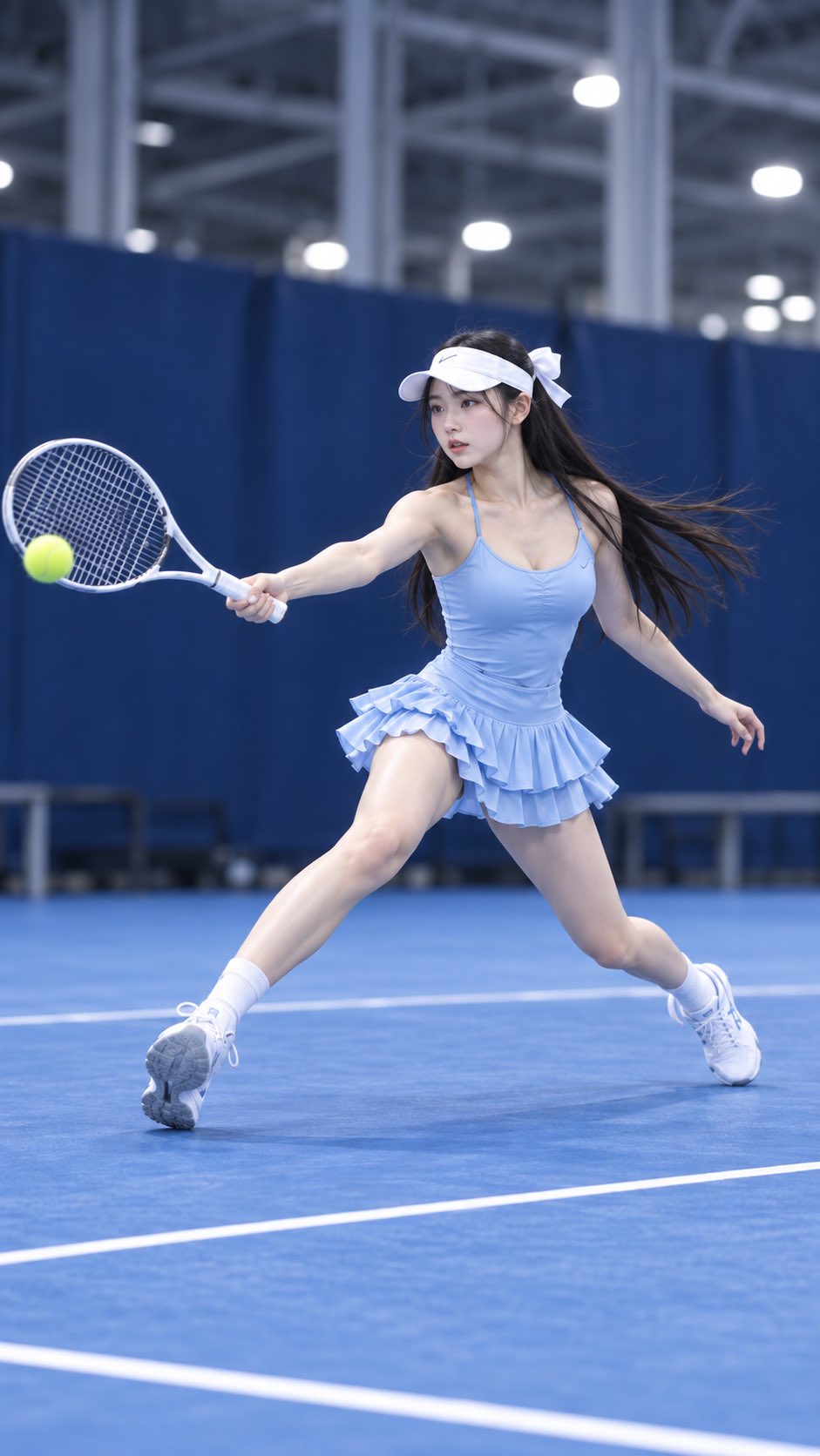 An adult tennis player lunges toward a ball on an indoor blue court, holding a white racket.
