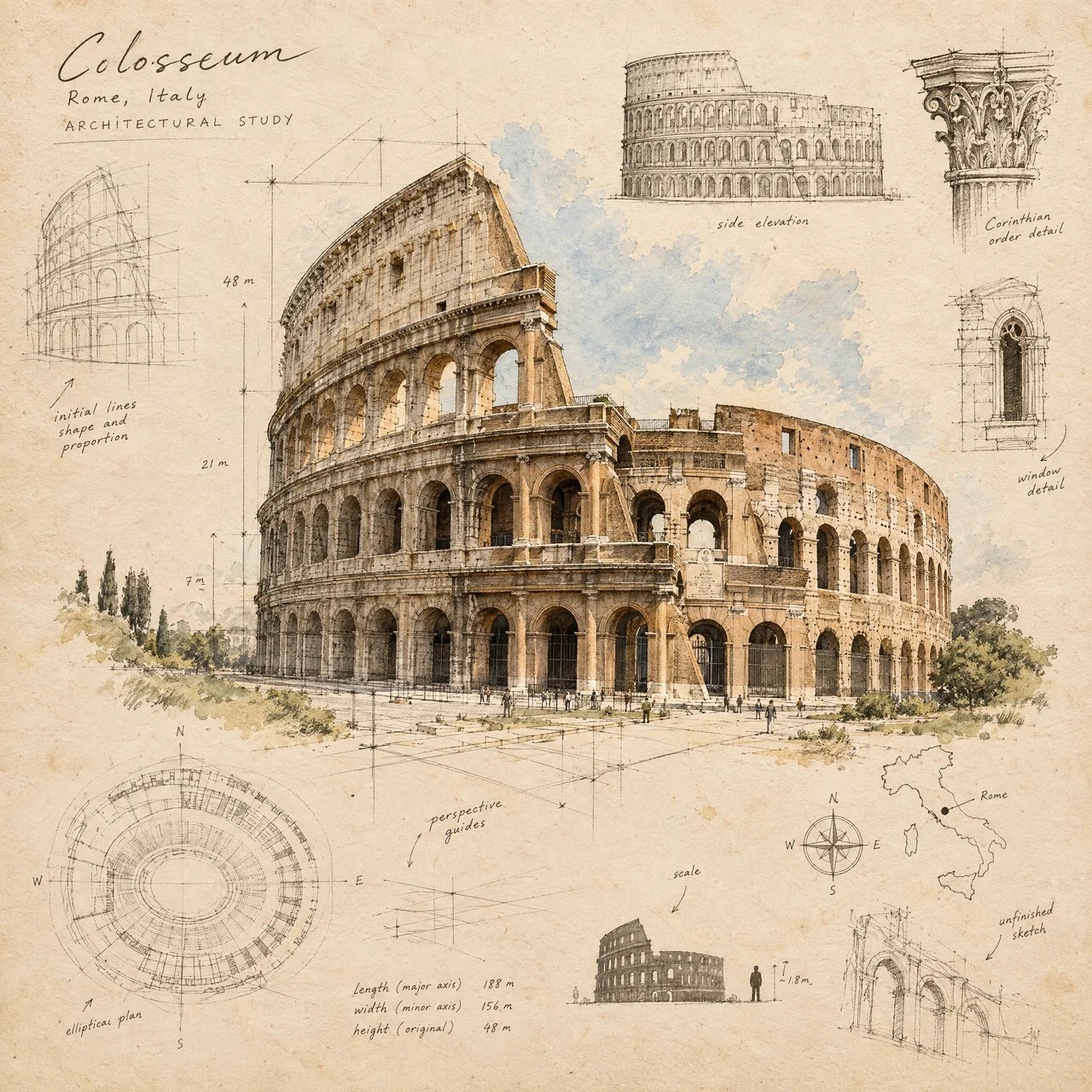 Colosseum architectural study with pencil construction lines, ink details, watercolor washes and handwritten notes.