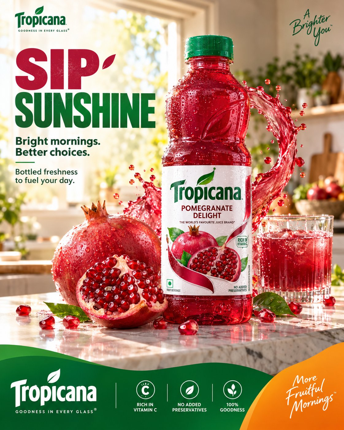 Tropicana pomegranate juice poster with a bottle, fresh fruit, juice splashes and large green headline.