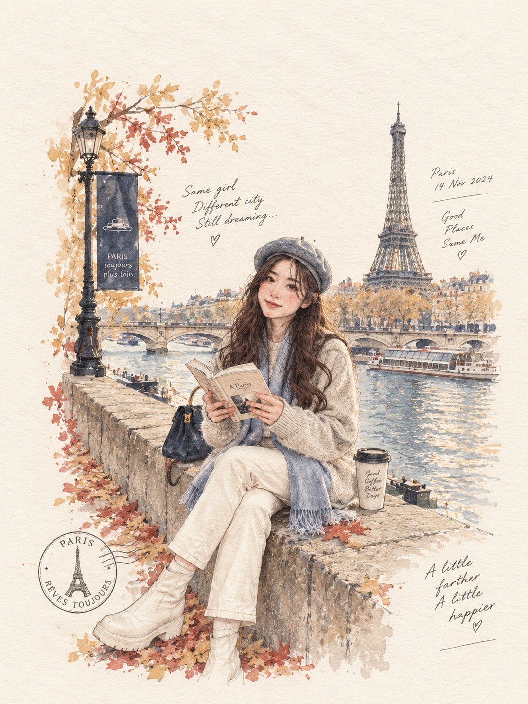 Travel-journal illustration of a woman sitting by the Seine, with the Eiffel Tower, autumn leaves and handwritten notes.