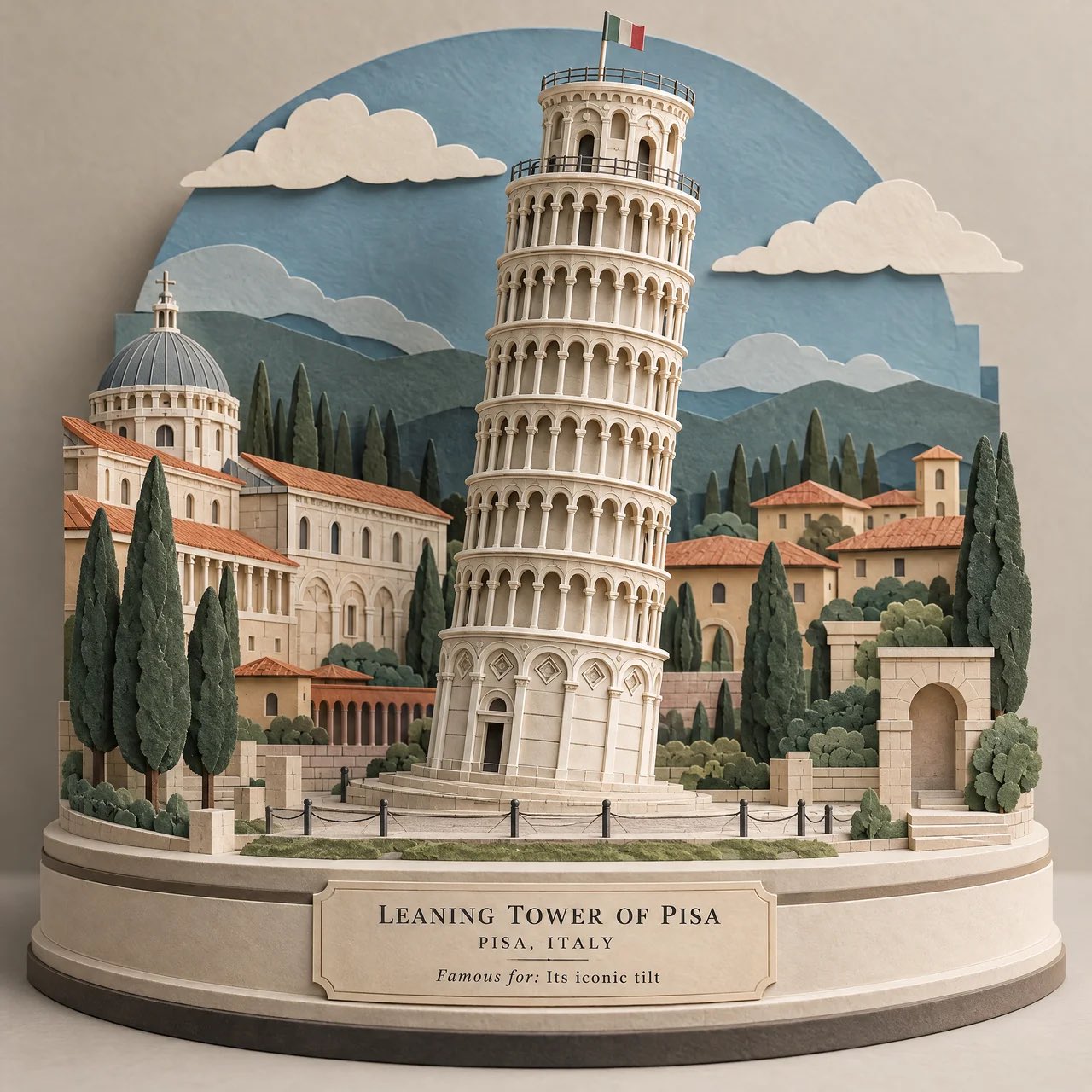 Layered paper sculpture of the Leaning Tower of Pisa with miniature buildings, clouds and trees on a display base.