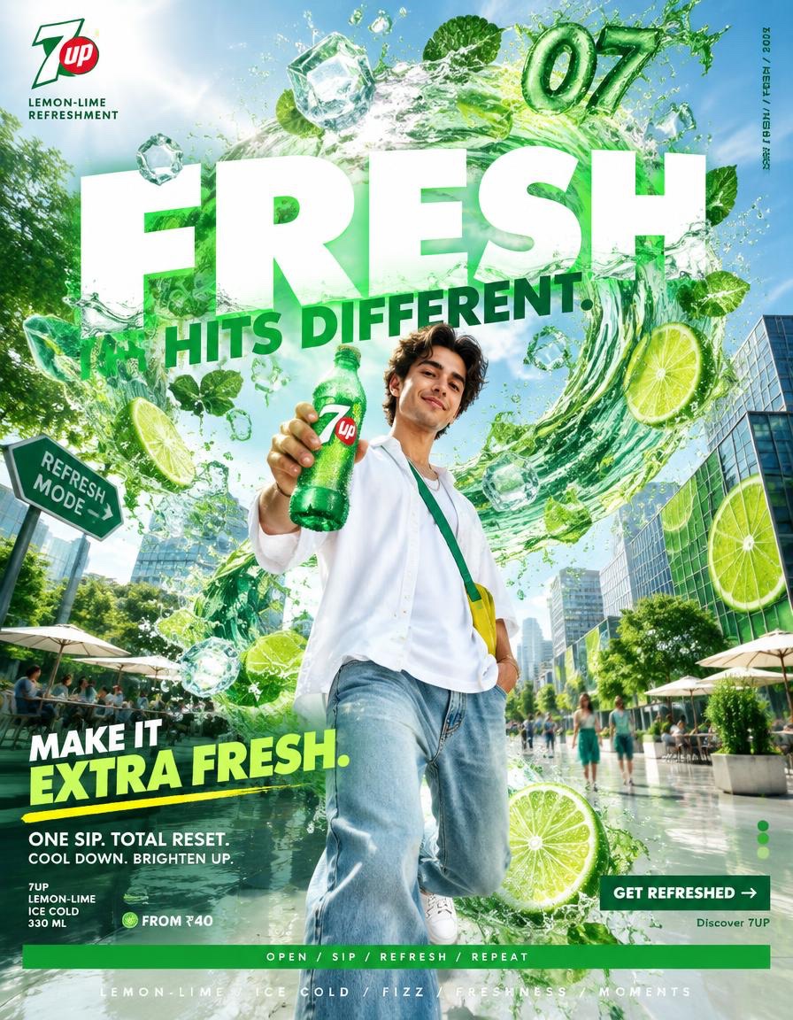 Green 7UP campaign poster with a soda bottle, giant ice-filled glass, lime slices and bold white typography.