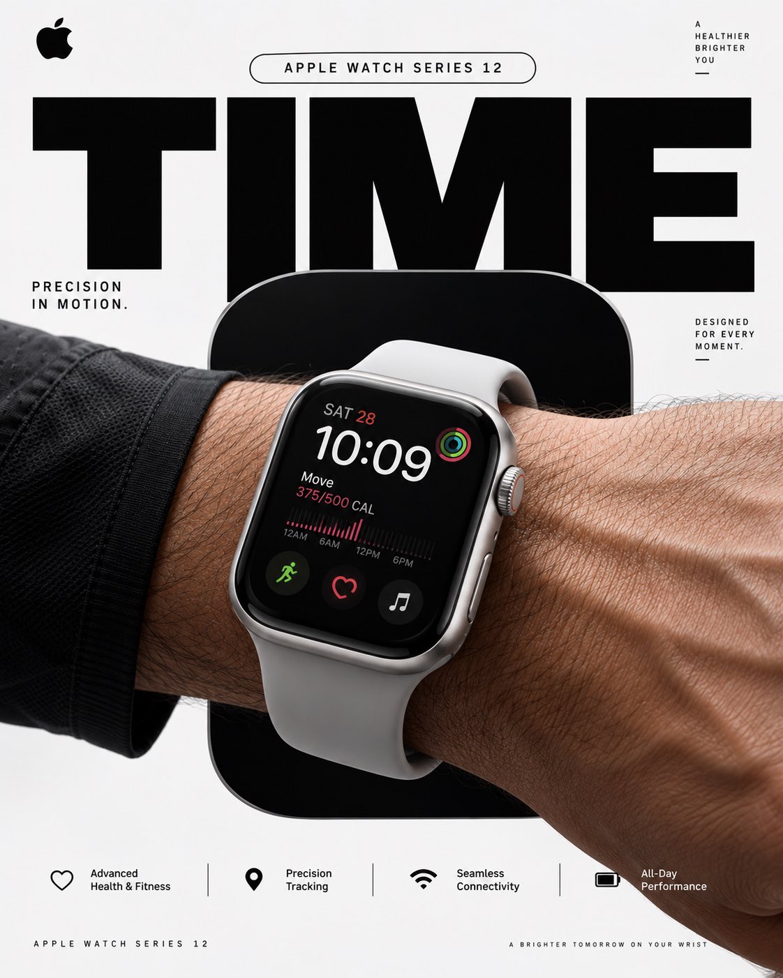 Apple Watch advertising poster with a close-up of a wristwatch against oversized black TIME lettering.