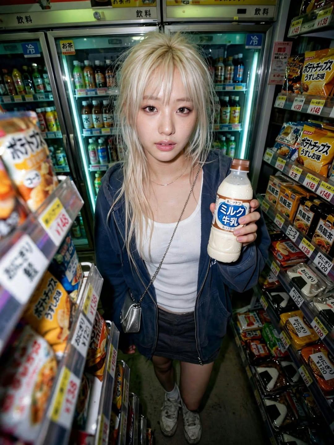 Flash-lit portrait of a blonde woman holding a milk drink between Japanese convenience-store shelves.