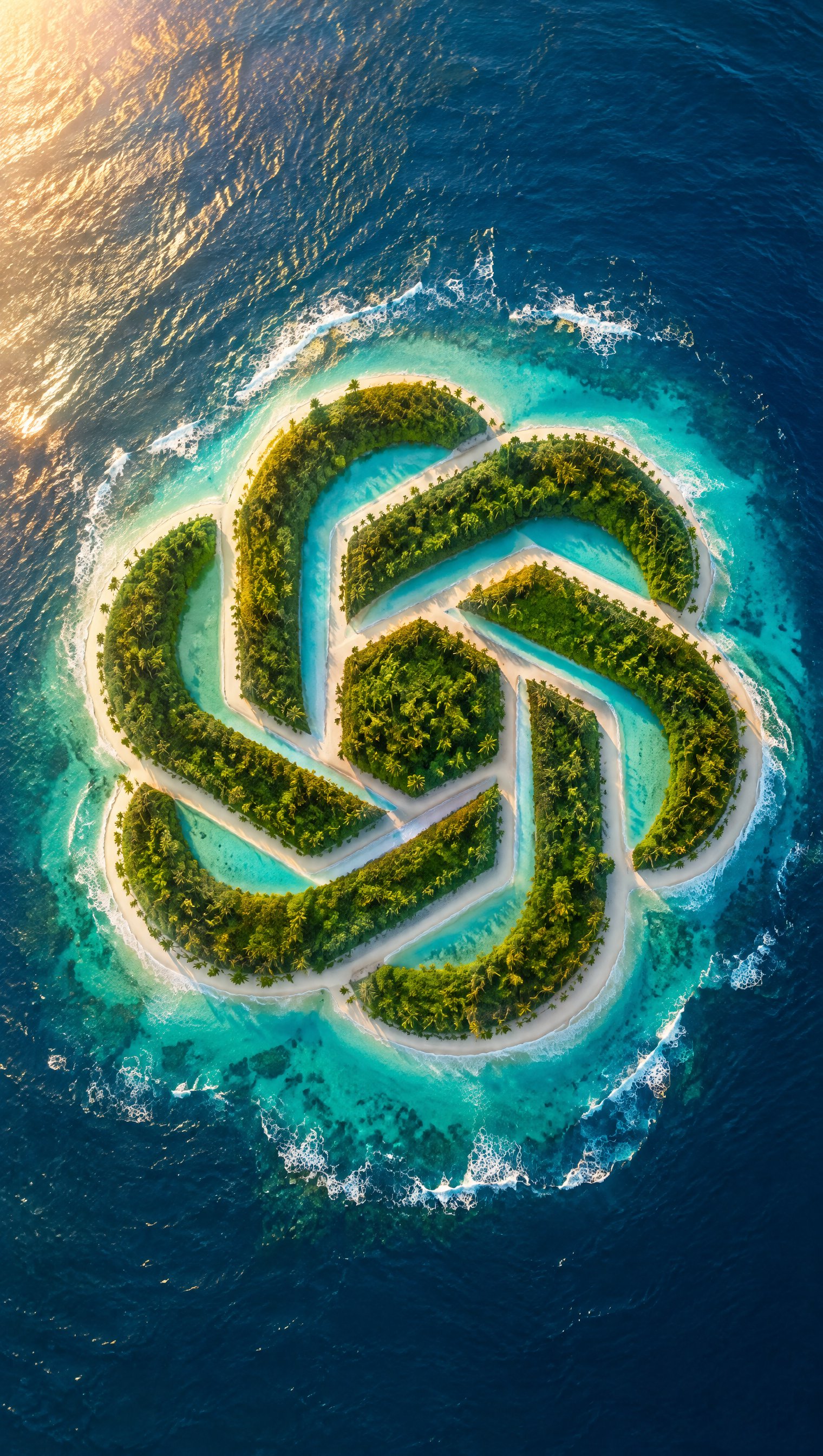 Aerial view of a tropical island shaped like the OpenAI knot logo, surrounded by turquoise water and white sand.