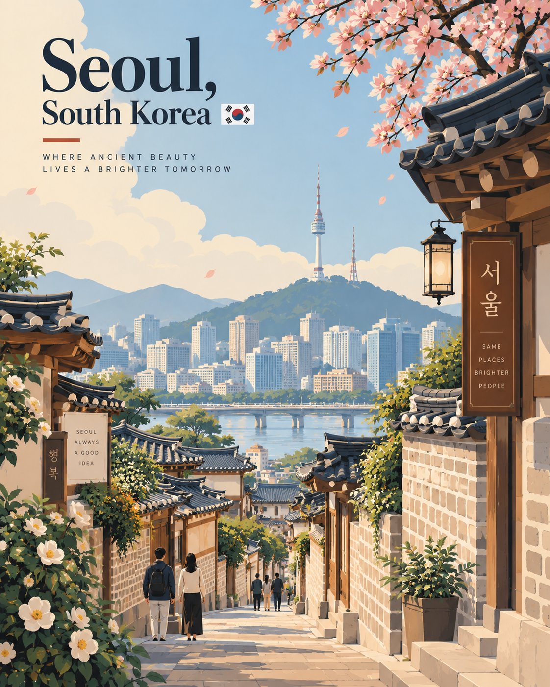 Illustrated Seoul travel poster with a traditional roof, hillside cityscape, distant tower and cherry blossoms.