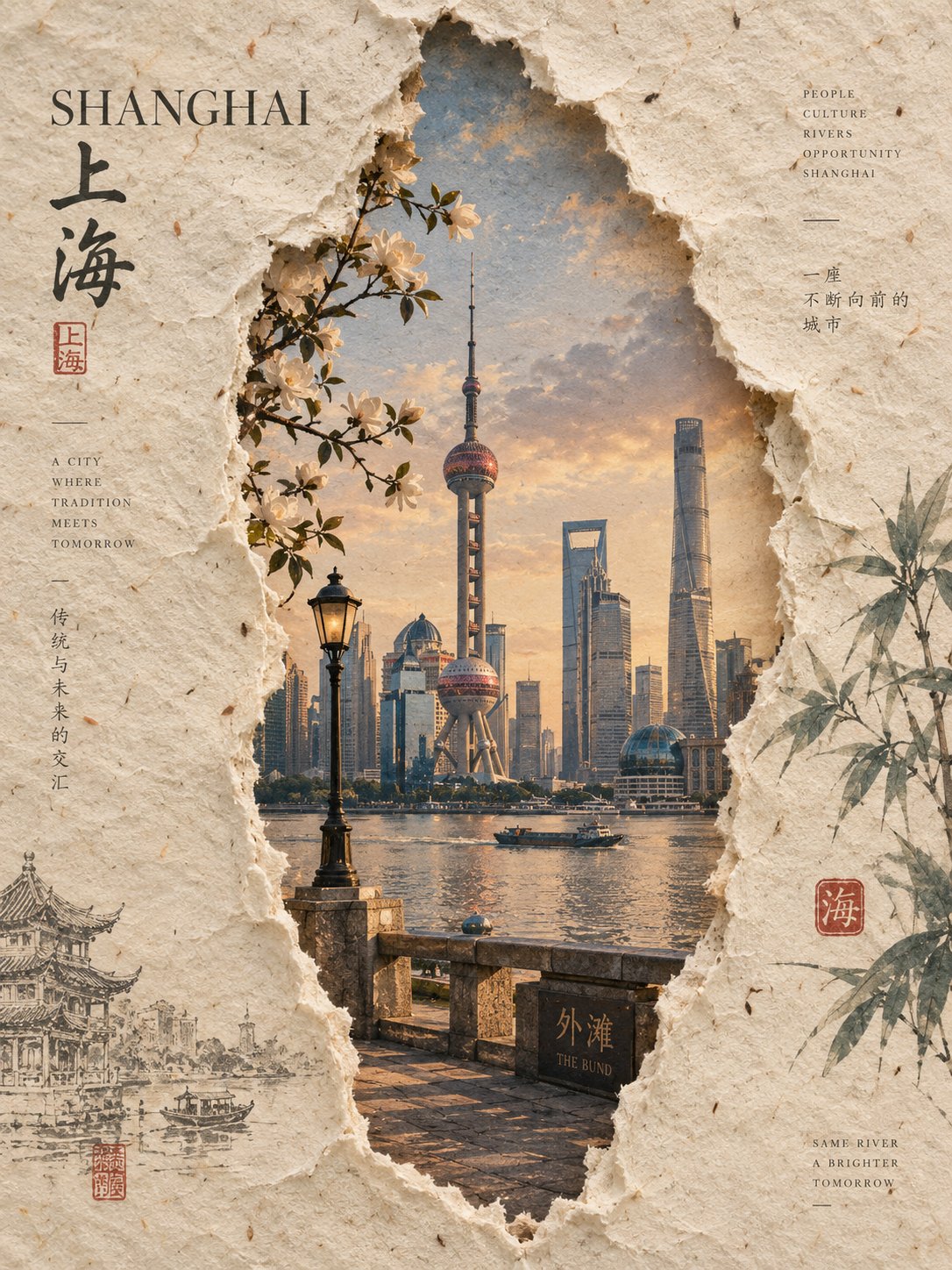 Shanghai skyline revealed through an irregular tear in textured ivory paper, surrounded by delicate illustrated details.