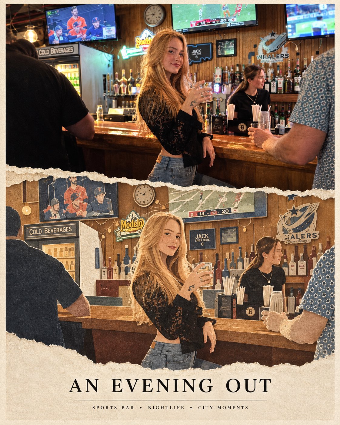 An editorial poster pairs a bar photograph with a layered paper-cut recreation of the same scene.